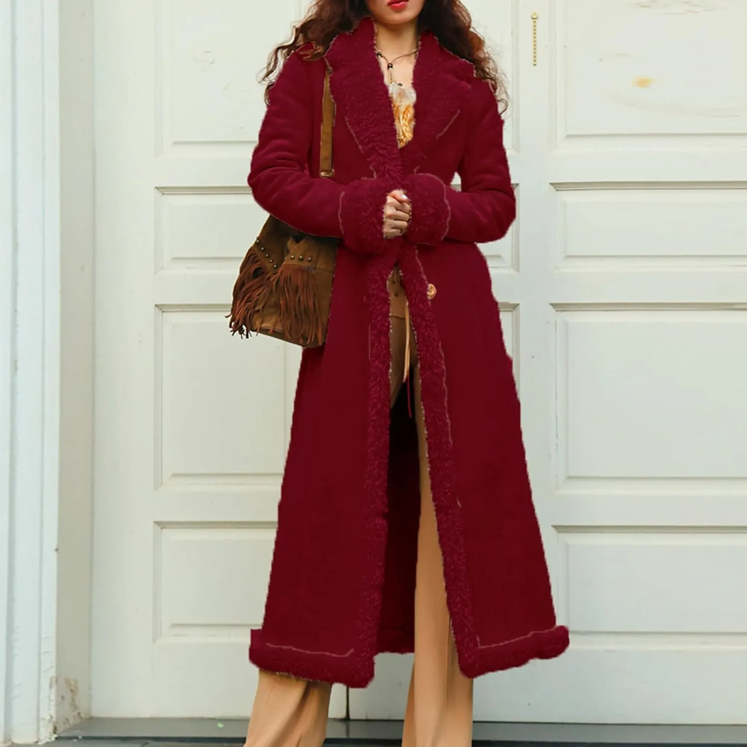 Womens Fleece Lined Pea Coats Single Breasted Notched Collar Long Trench Coats Casual Fluffy Sherpa Jackets
