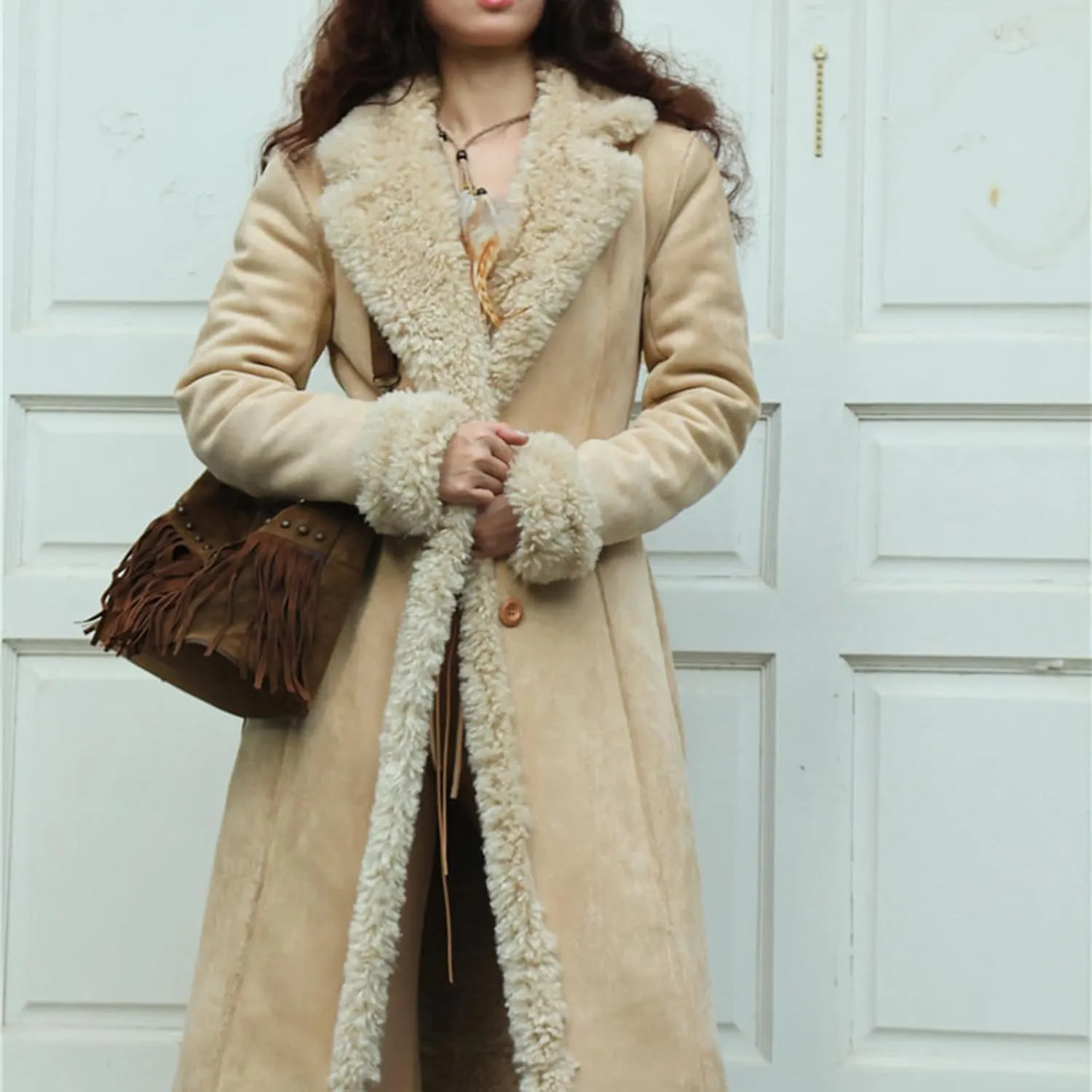 Womens Fleece Lined Pea Coats Single Breasted Notched Collar Long Trench Coats Casual Fluffy Sherpa Jackets