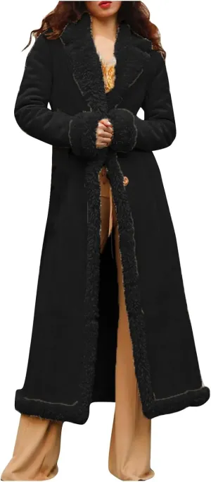 Womens Fleece Lined Pea Coats Single Breasted Notched Collar Long Trench Coats Casual Fluffy Sherpa Jackets