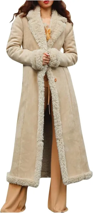 Womens Fleece Lined Pea Coats Single Breasted Notched Collar Long Trench Coats Casual Fluffy Sherpa Jackets