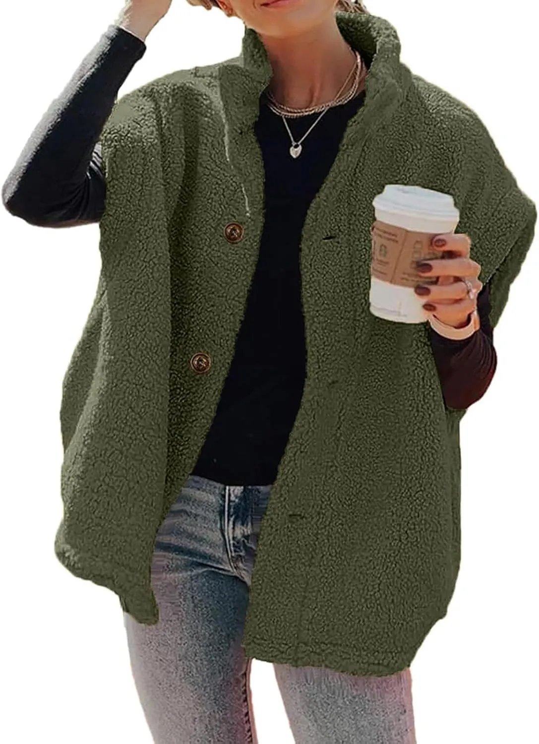 Womens Fleece Vest Casual Oversized Button Down Sherpa Vest Stand Collar Sleeveless Fuzzy Jackets with Pockets