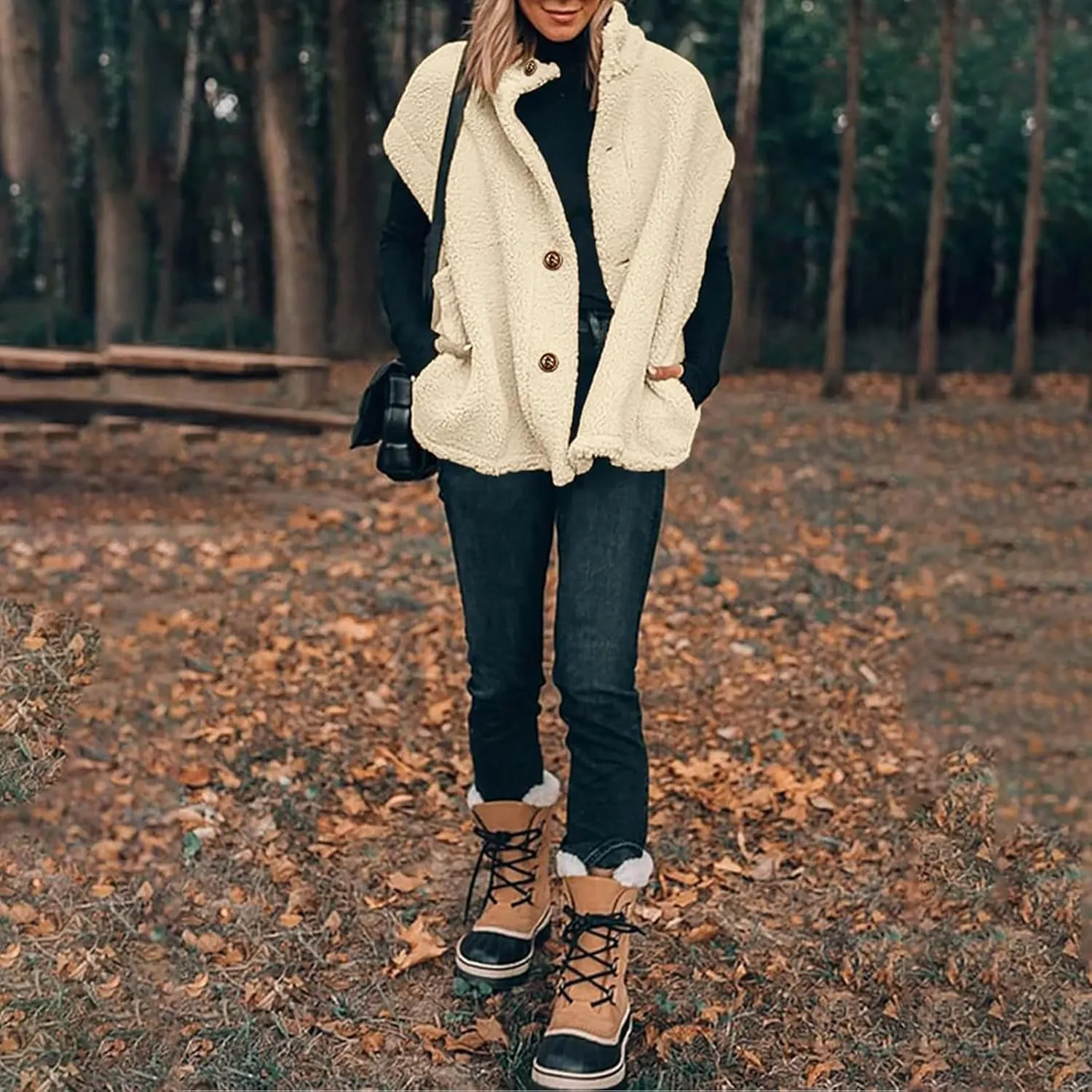 Womens Fleece Vest Casual Oversized Button Down Sherpa Vest Stand Collar Sleeveless Fuzzy Jackets with Pockets