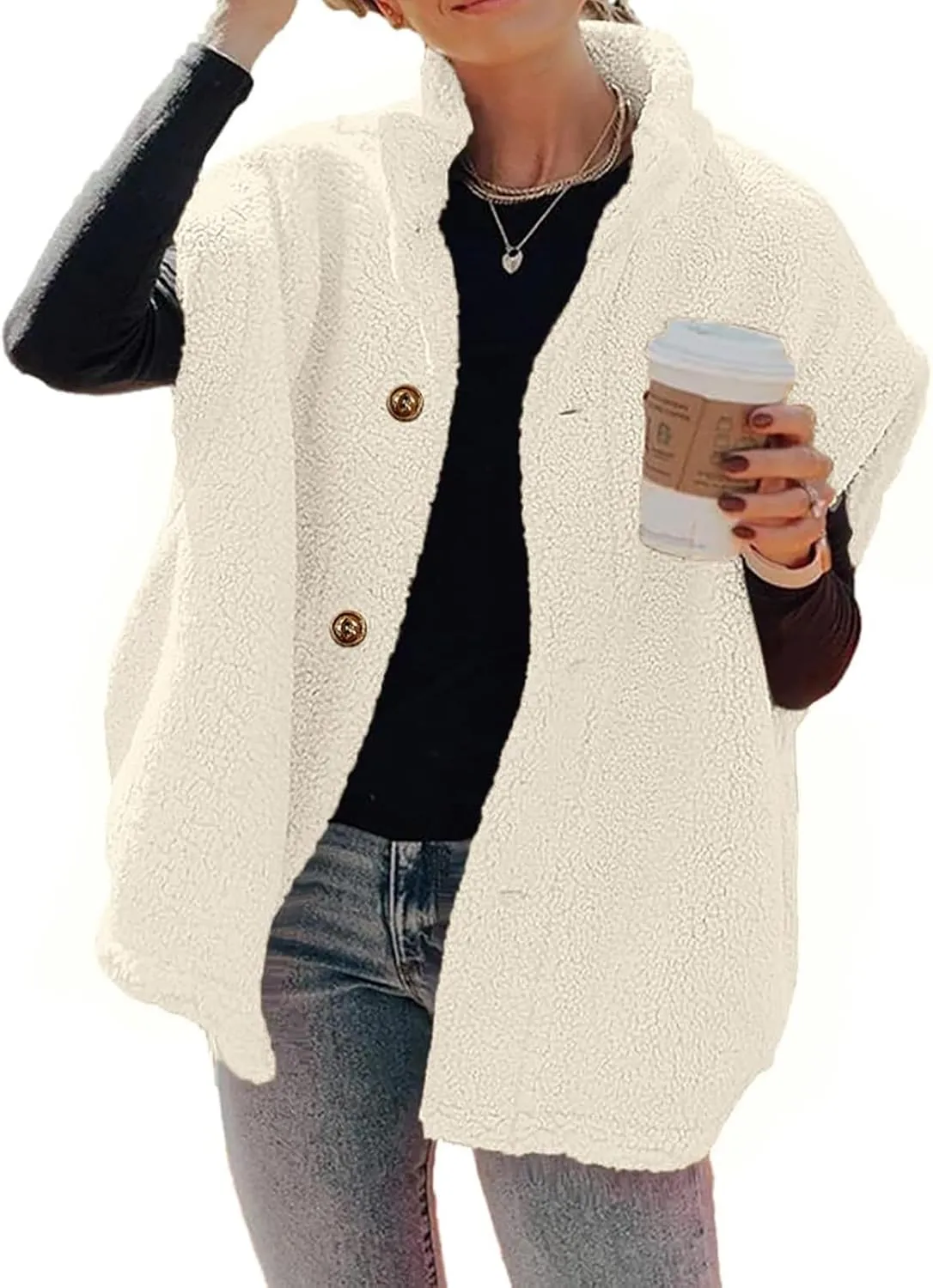 Womens Fleece Vest Casual Oversized Button Down Sherpa Vest Stand Collar Sleeveless Fuzzy Jackets with Pockets
