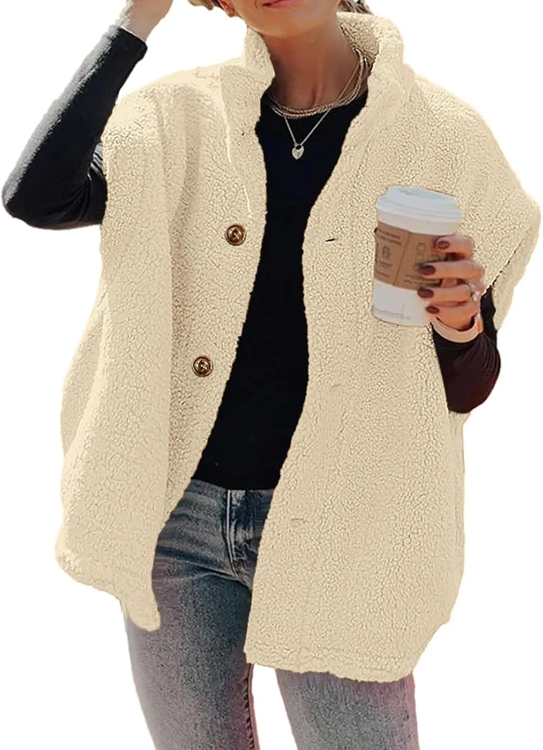 Womens Fleece Vest Casual Oversized Button Down Sherpa Vest Stand Collar Sleeveless Fuzzy Jackets with Pockets