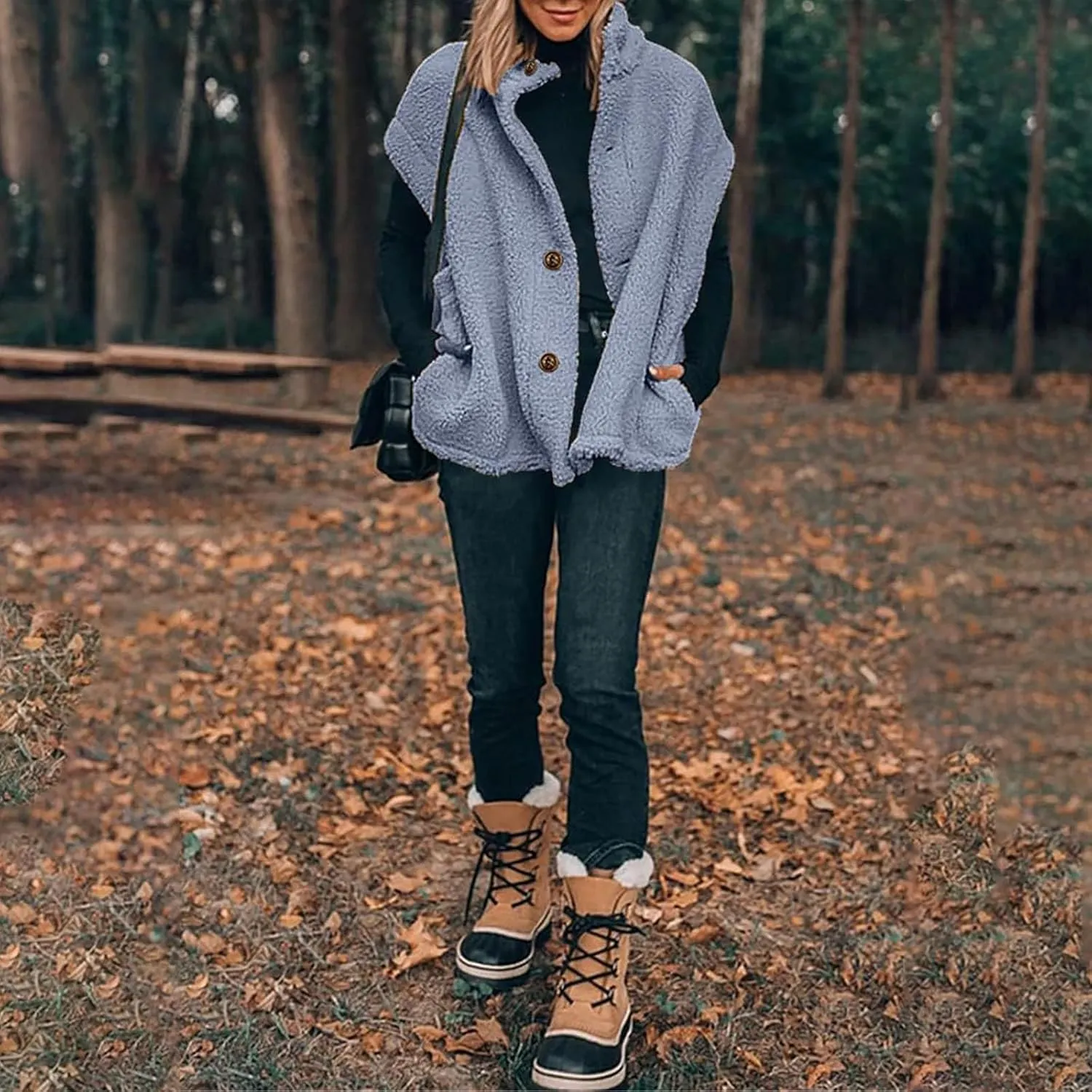 Womens Fleece Vest Casual Oversized Button Down Sherpa Vest Stand Collar Sleeveless Fuzzy Jackets with Pockets