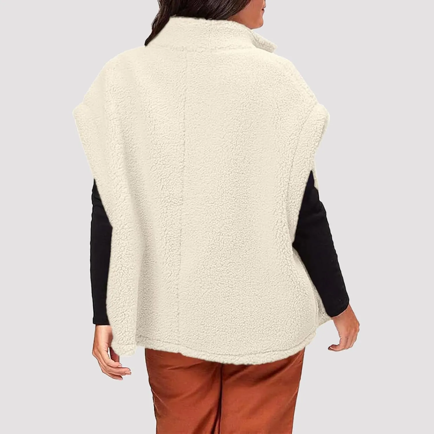 Womens Fleece Vest Casual Oversized Button Down Sherpa Vest Stand Collar Sleeveless Fuzzy Jackets with Pockets
