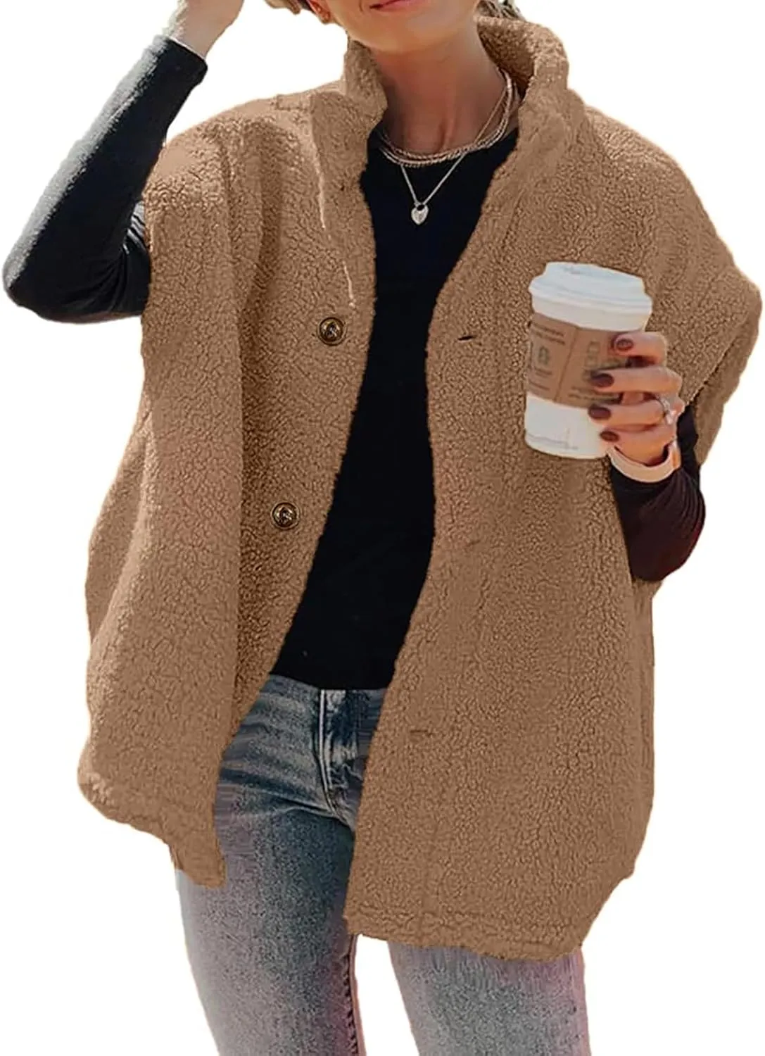 Womens Fleece Vest Casual Oversized Button Down Sherpa Vest Stand Collar Sleeveless Fuzzy Jackets with Pockets