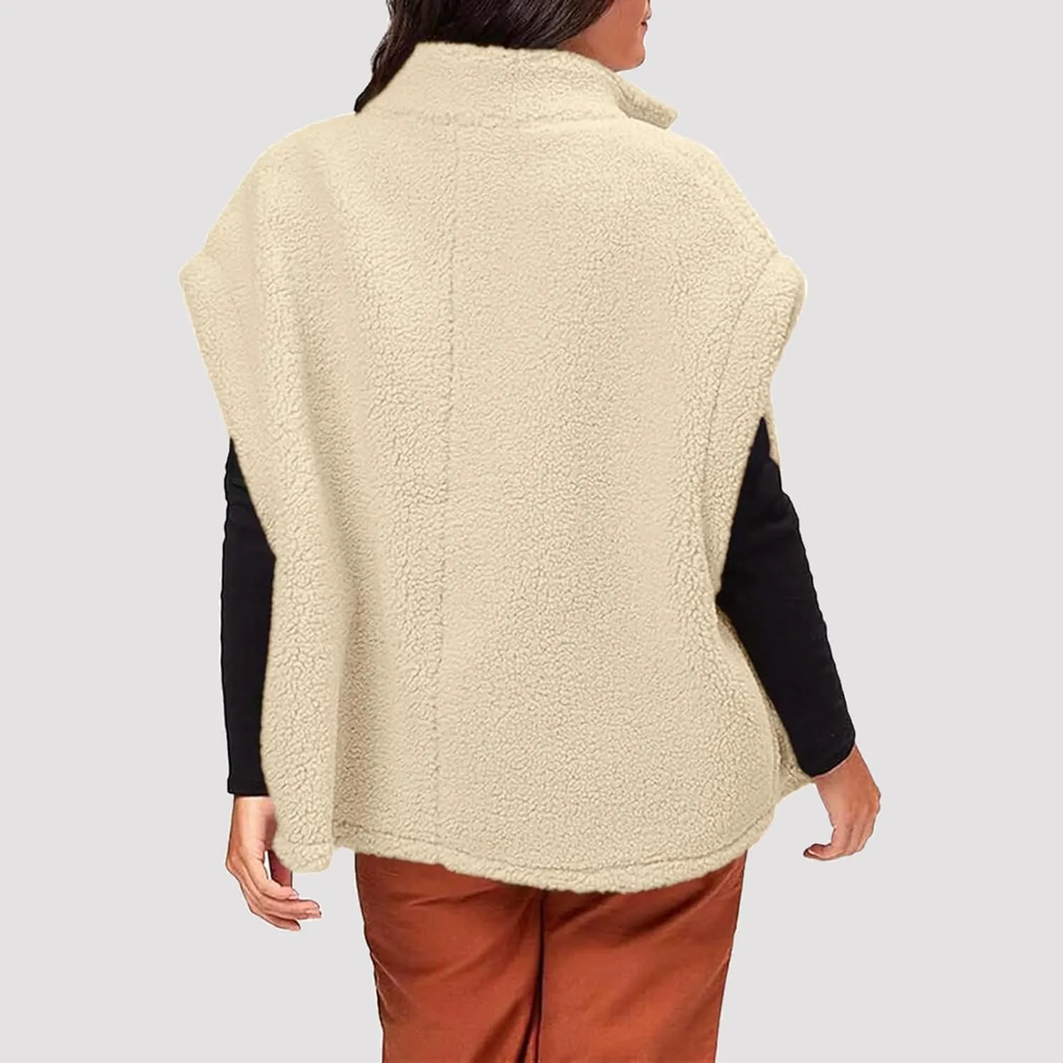 Womens Fleece Vest Casual Oversized Button Down Sherpa Vest Stand Collar Sleeveless Fuzzy Jackets with Pockets