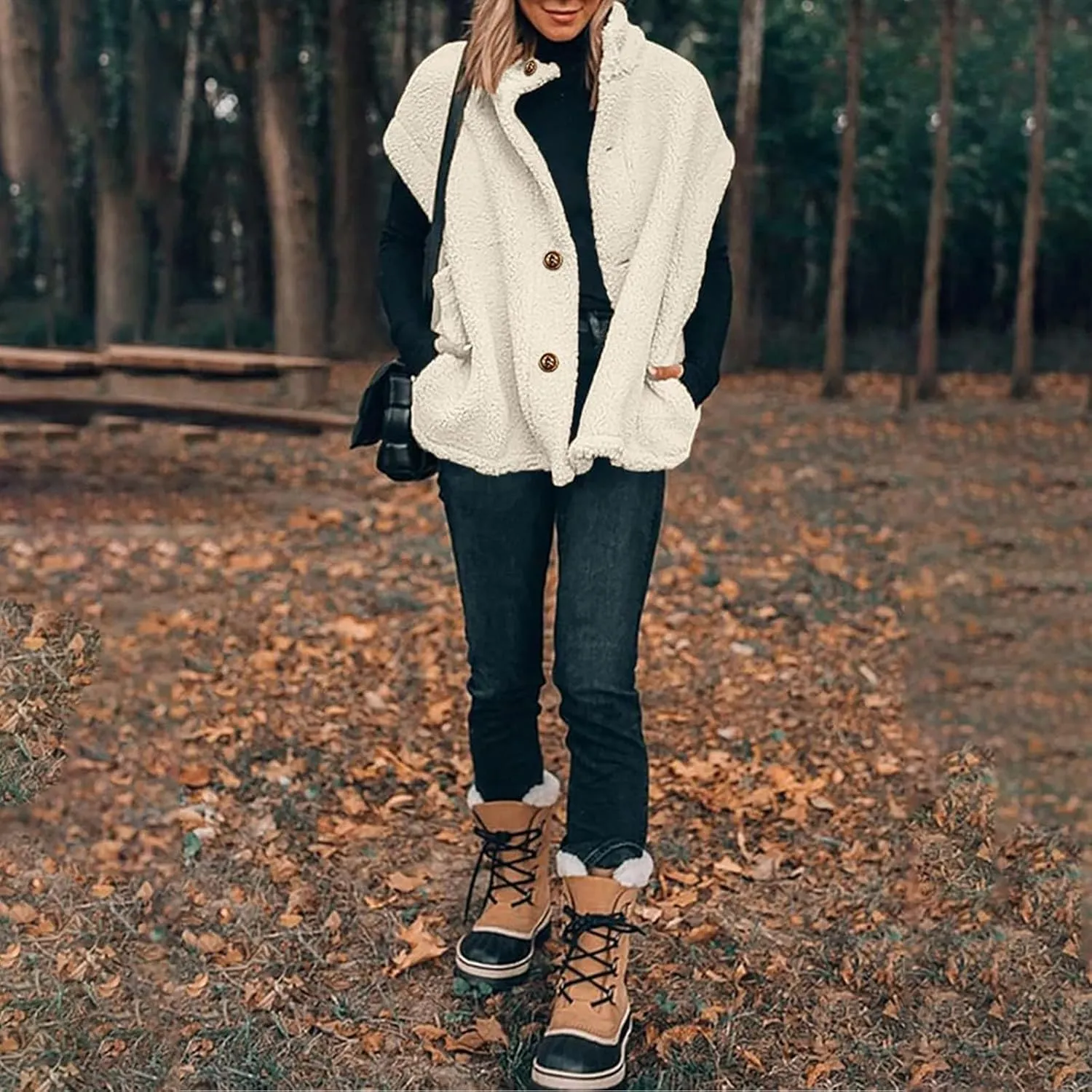 Womens Fleece Vest Casual Oversized Button Down Sherpa Vest Stand Collar Sleeveless Fuzzy Jackets with Pockets