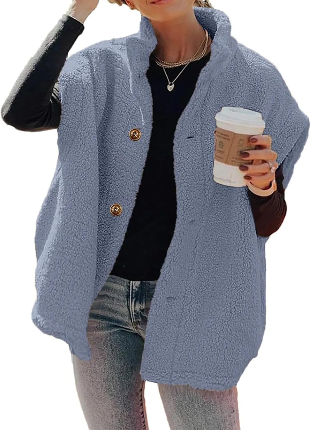Womens Fleece Vest Casual Oversized Button Down Sherpa Vest Stand Collar Sleeveless Fuzzy Jackets with Pockets