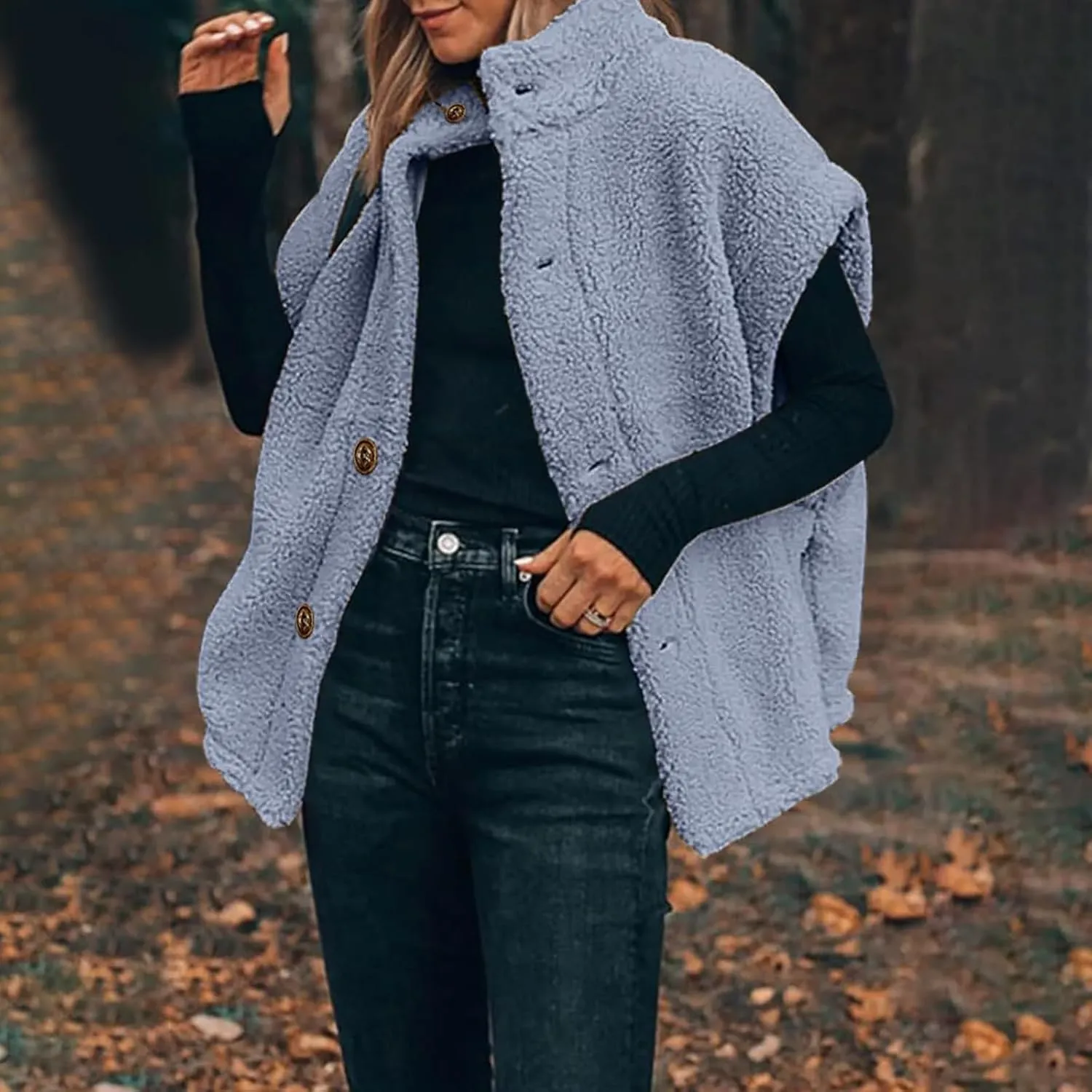 Womens Fleece Vest Casual Oversized Button Down Sherpa Vest Stand Collar Sleeveless Fuzzy Jackets with Pockets