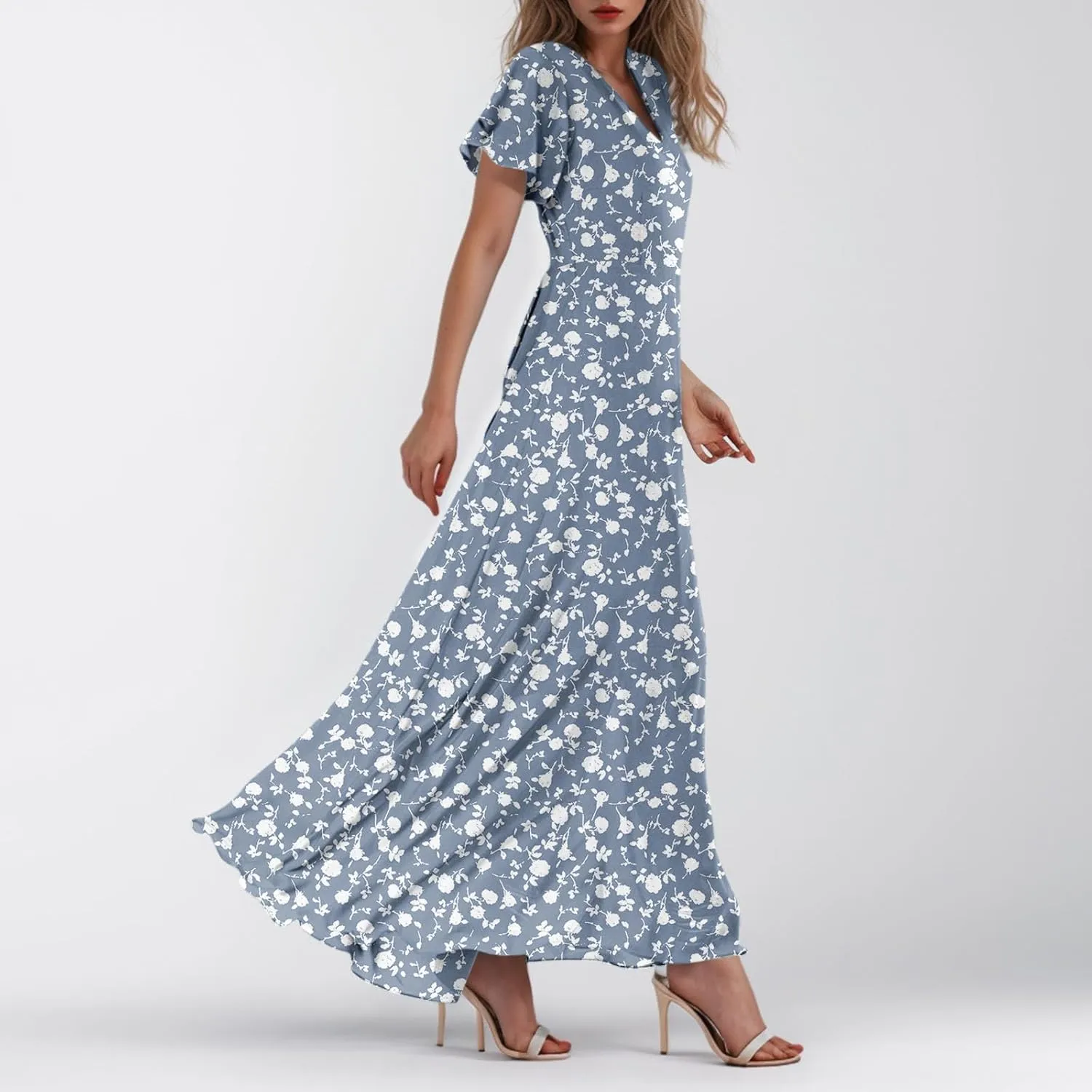Women's Floral Print Chiffon Dress - Blue, Size S, Midi Length, Spring/Summer