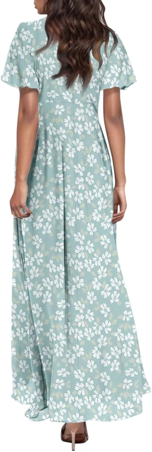 Women's Floral Print Chiffon Dress - Blue, Size S, Midi Length, Spring/Summer