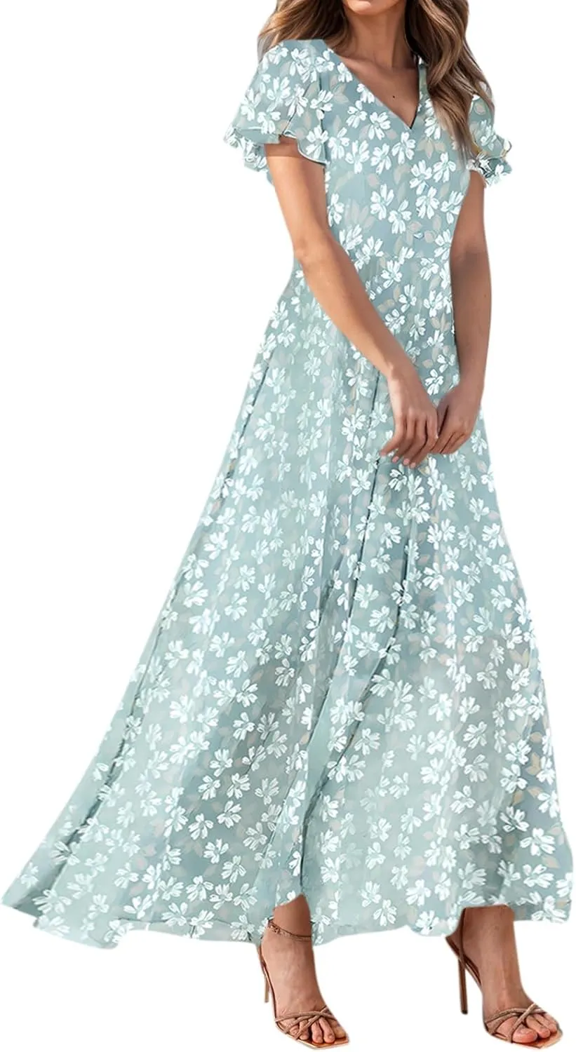 Women's Floral Print Chiffon Dress - Blue, Size S, Midi Length, Spring/Summer