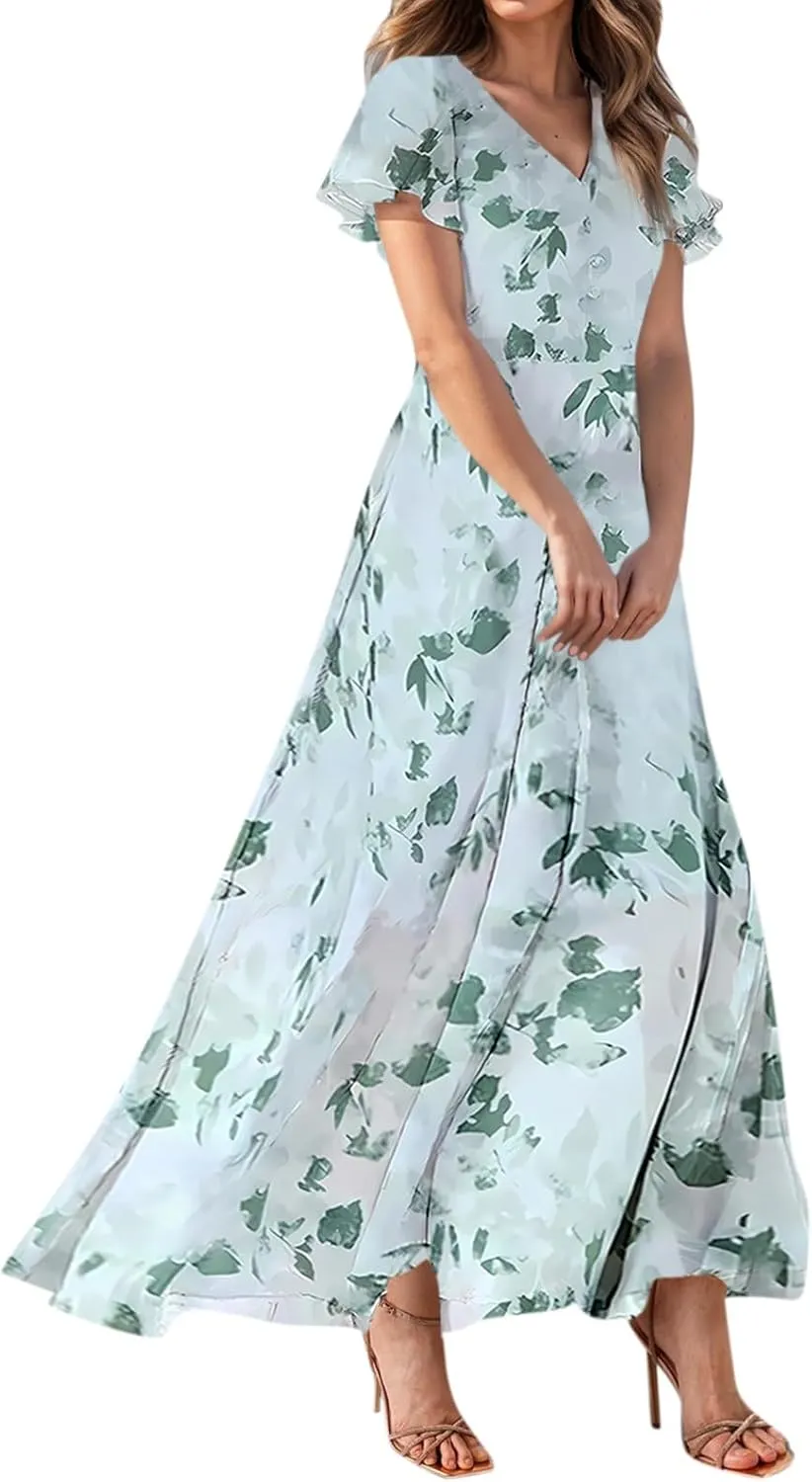 Women's Floral Print Chiffon Dress - Blue, Size S, Midi Length, Spring/Summer