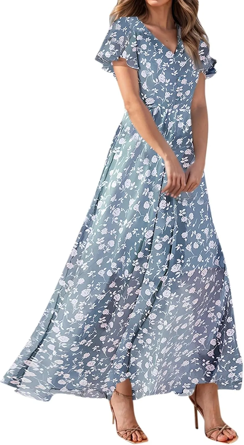 Women's Floral Print Chiffon Dress - Blue, Size S, Midi Length, Spring/Summer