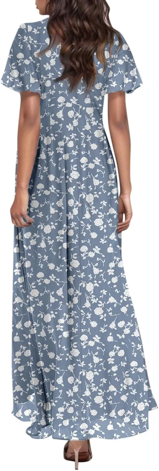 Women's Floral Print Chiffon Dress - Blue, Size S, Midi Length, Spring/Summer