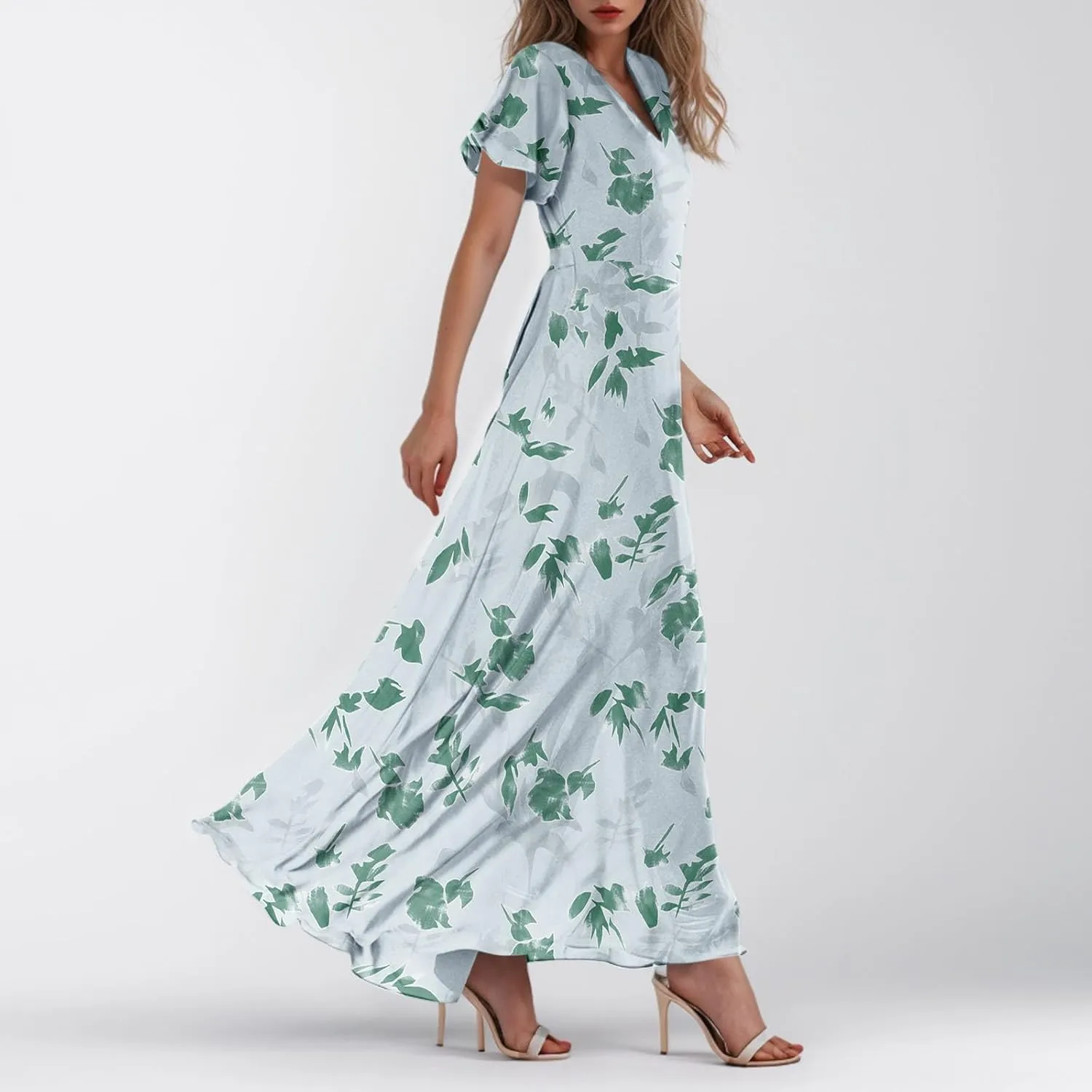 Women's Floral Print Chiffon Dress - Blue, Size S, Midi Length, Spring/Summer