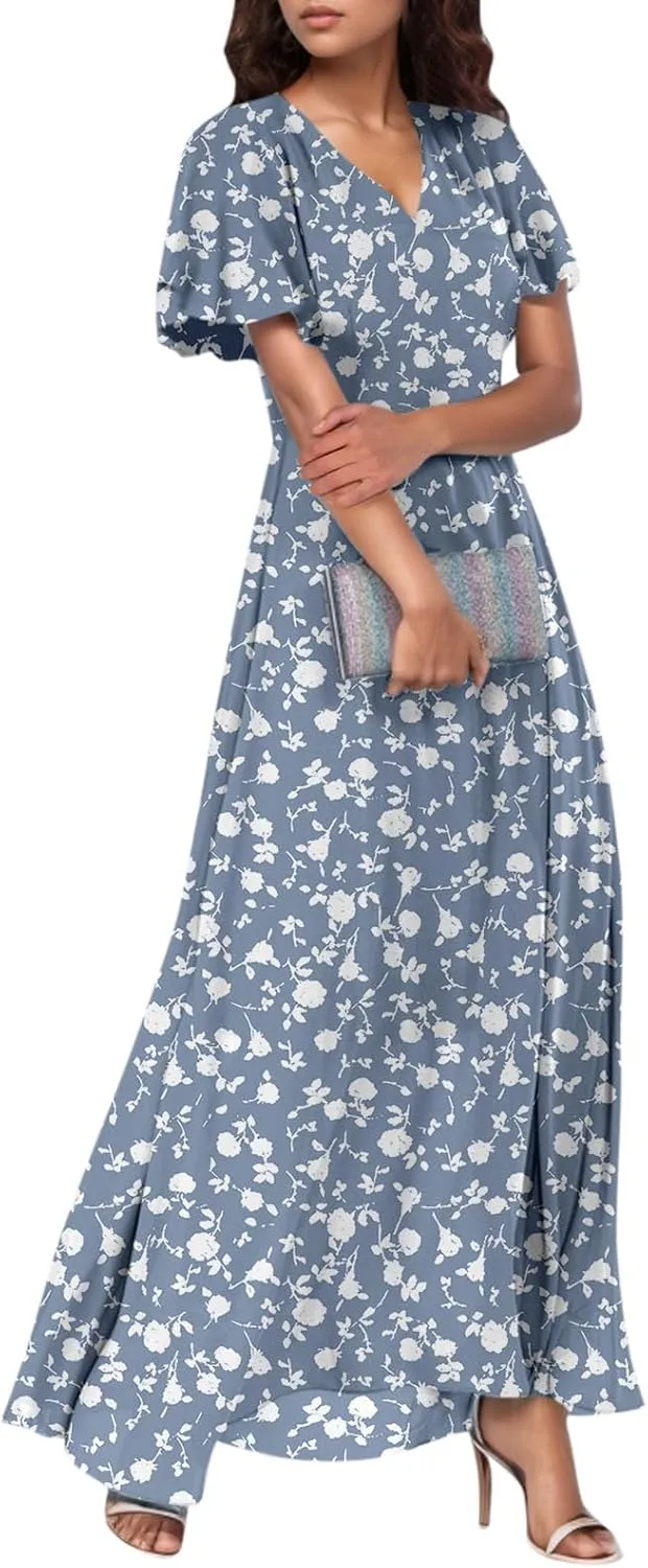 Women's Floral Print Chiffon Dress - Blue, Size S, Midi Length, Spring/Summer
