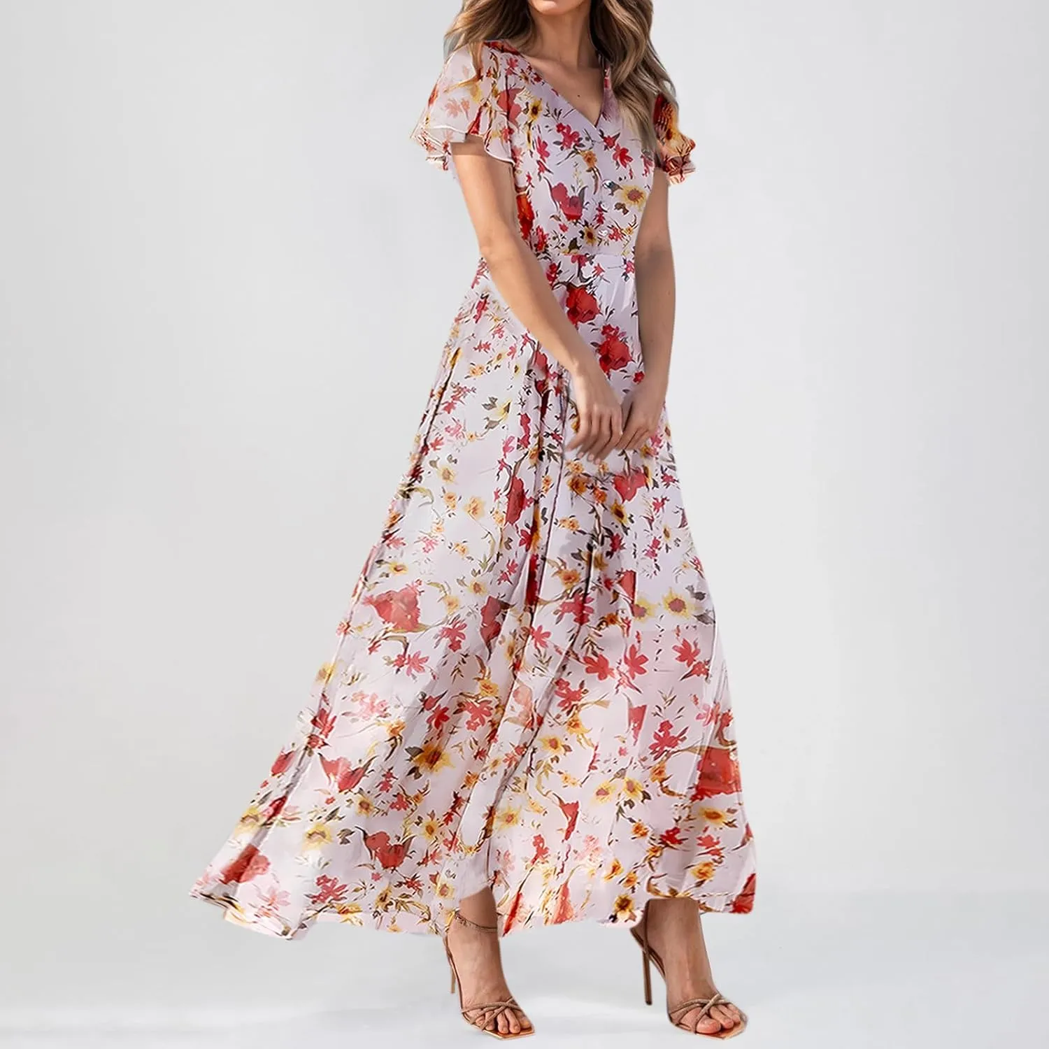 Women's Floral Print Chiffon Dress - Blue, Size S, Midi Length, Spring/Summer
