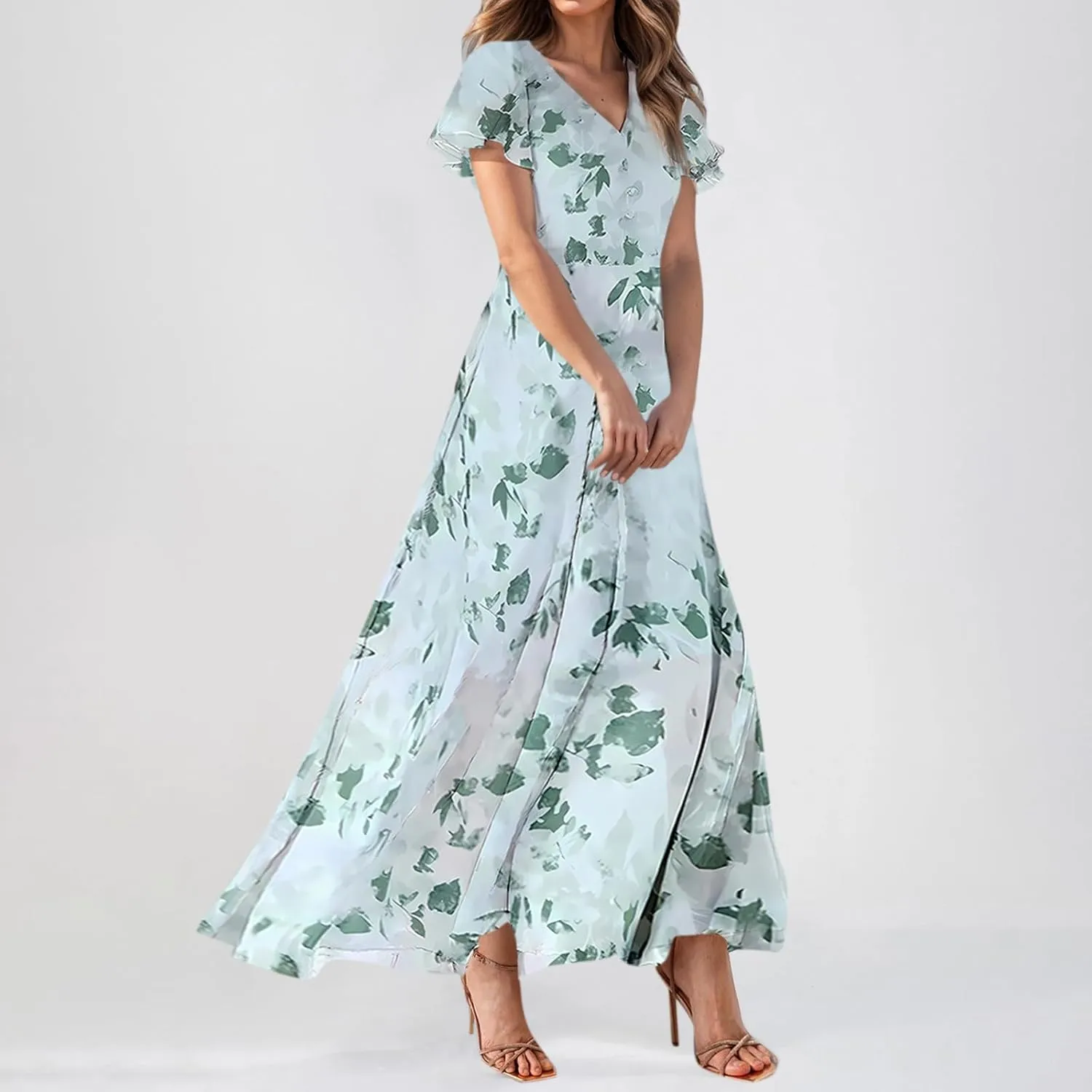 Women's Floral Print Chiffon Dress - Blue, Size S, Midi Length, Spring/Summer