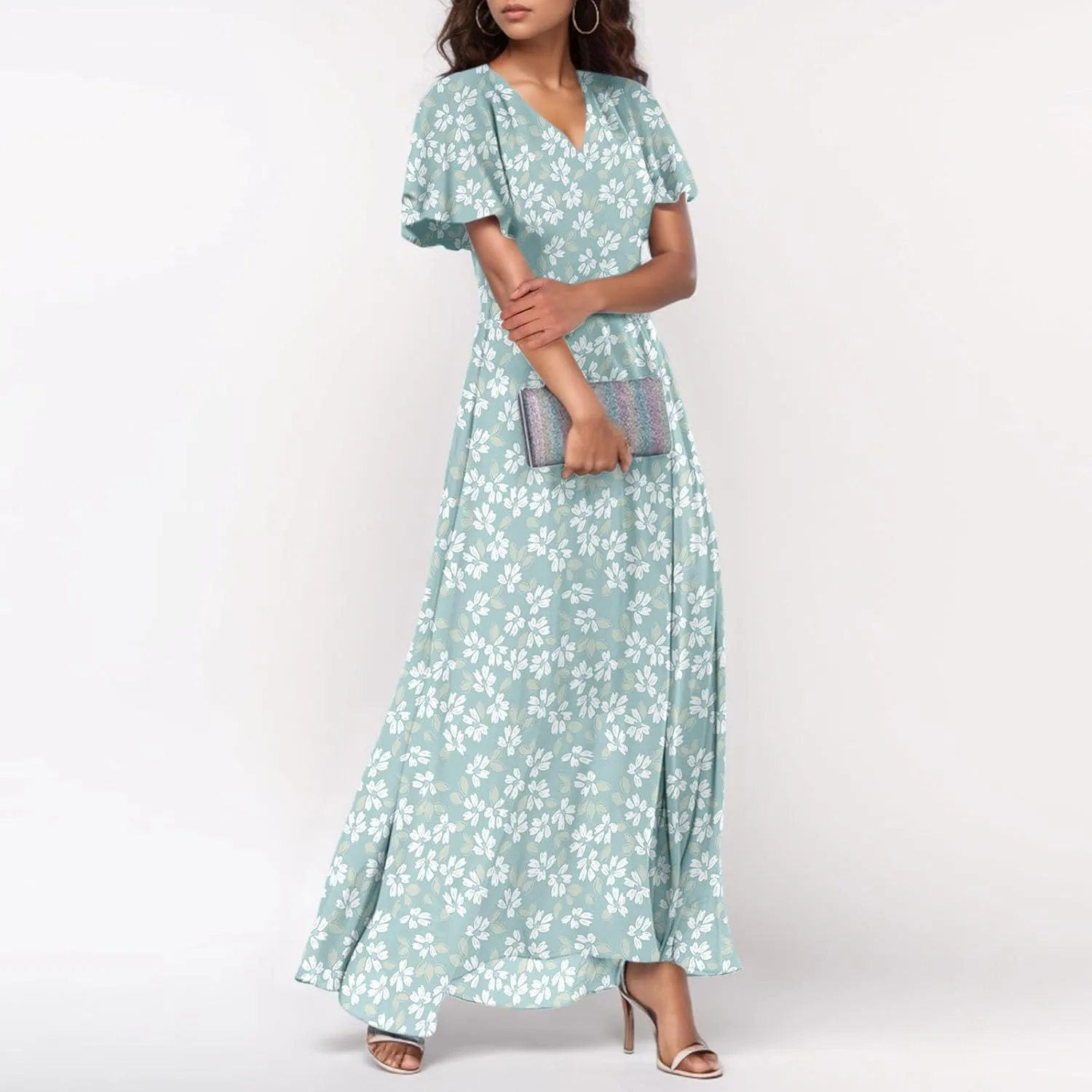 Women's Floral Print Chiffon Dress - Blue, Size S, Midi Length, Spring/Summer