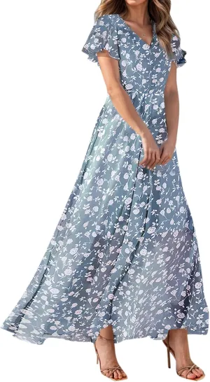 Women's Floral Print Chiffon Dress - Blue, Size S, Midi Length, Spring/Summer