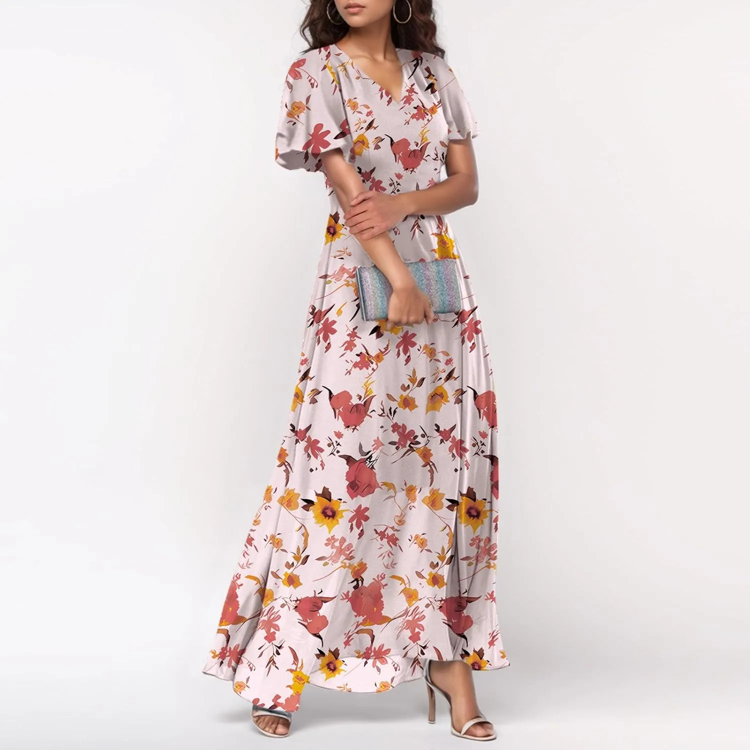 Women's Floral Print Chiffon Dress - Blue, Size S, Midi Length, Spring/Summer