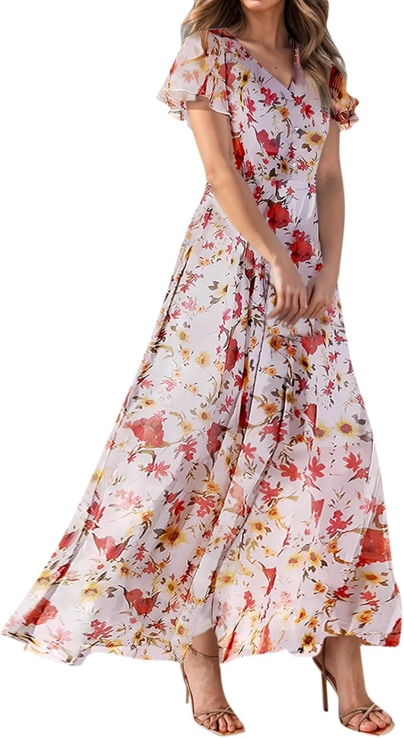 Women's Floral Print Chiffon Dress - Blue, Size S, Midi Length, Spring/Summer