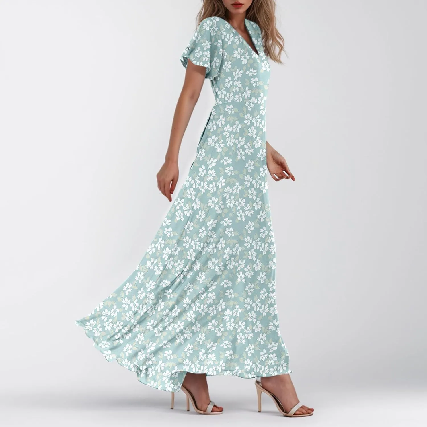 Women's Floral Print Chiffon Dress - Blue, Size S, Midi Length, Spring/Summer
