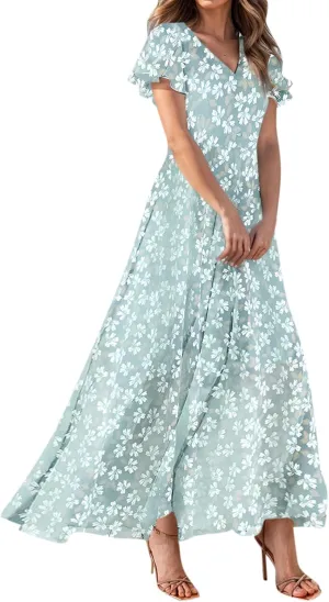 Women's Floral Print Chiffon Dress - Blue, Size S, Midi Length, Spring/Summer
