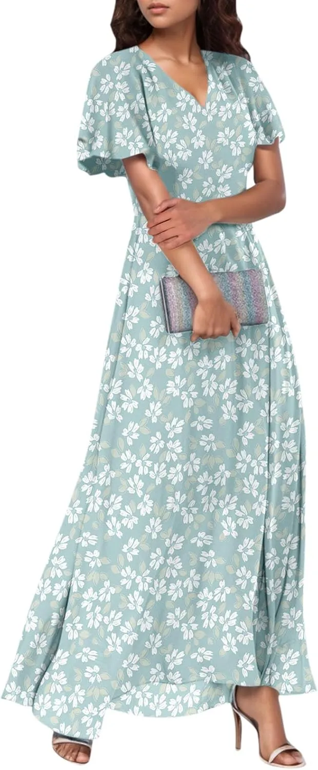 Women's Floral Print Chiffon Dress - Blue, Size S, Midi Length, Spring/Summer