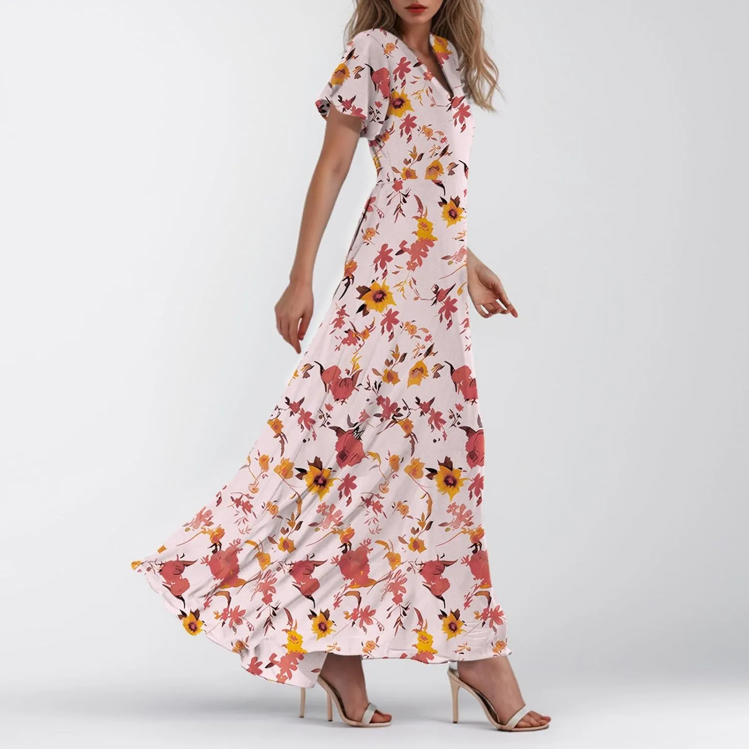 Women's Floral Print Chiffon Dress - Blue, Size S, Midi Length, Spring/Summer