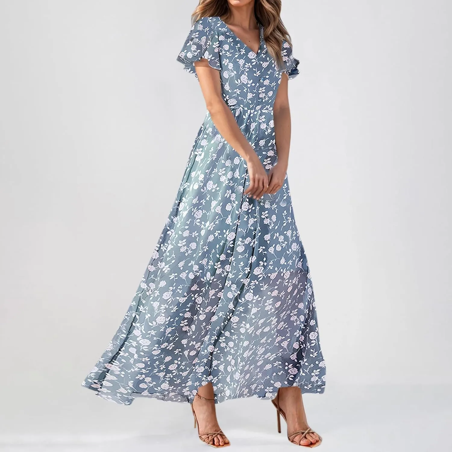 Women's Floral Print Chiffon Dress - Blue, Size S, Midi Length, Spring/Summer