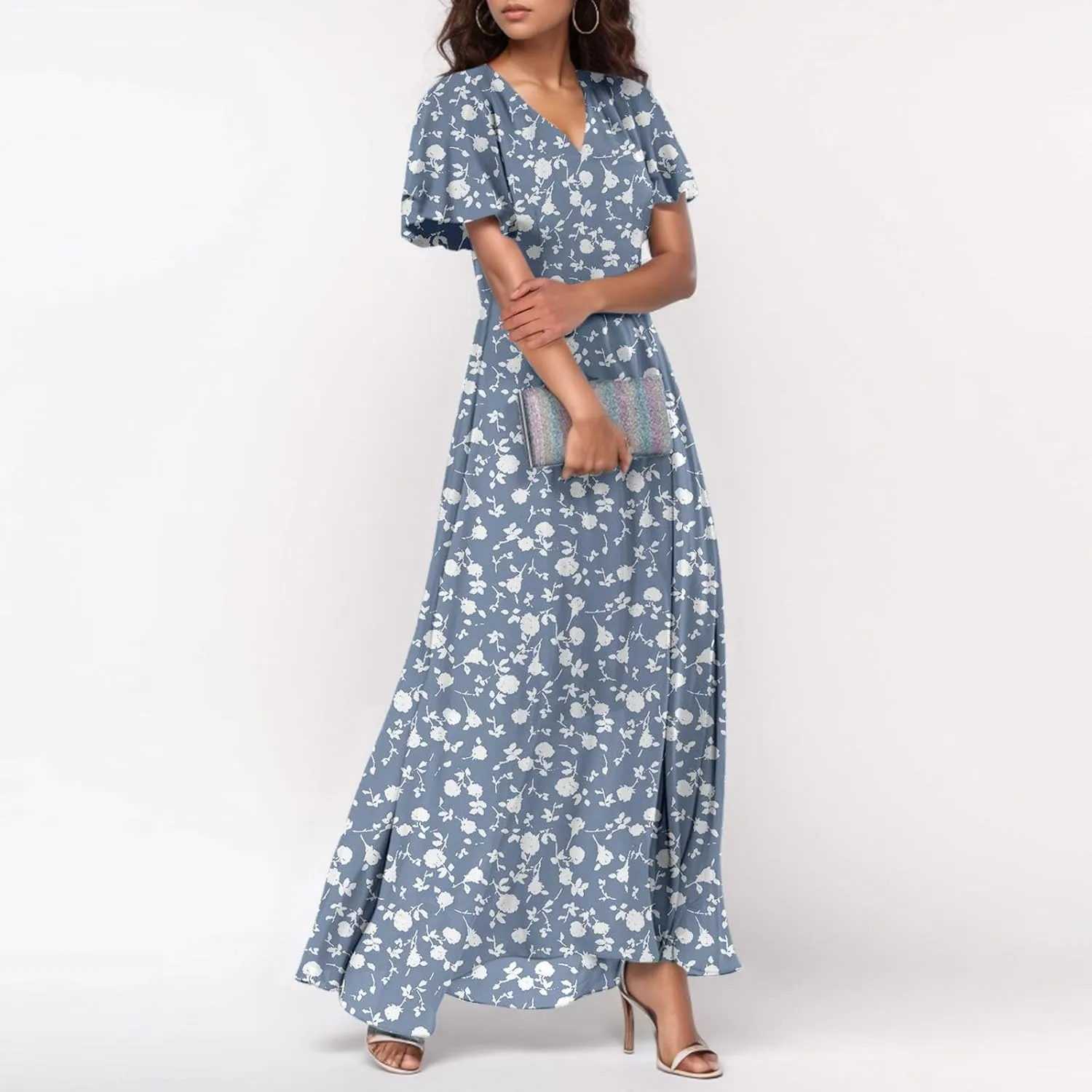 Women's Floral Print Chiffon Dress - Blue, Size S, Midi Length, Spring/Summer