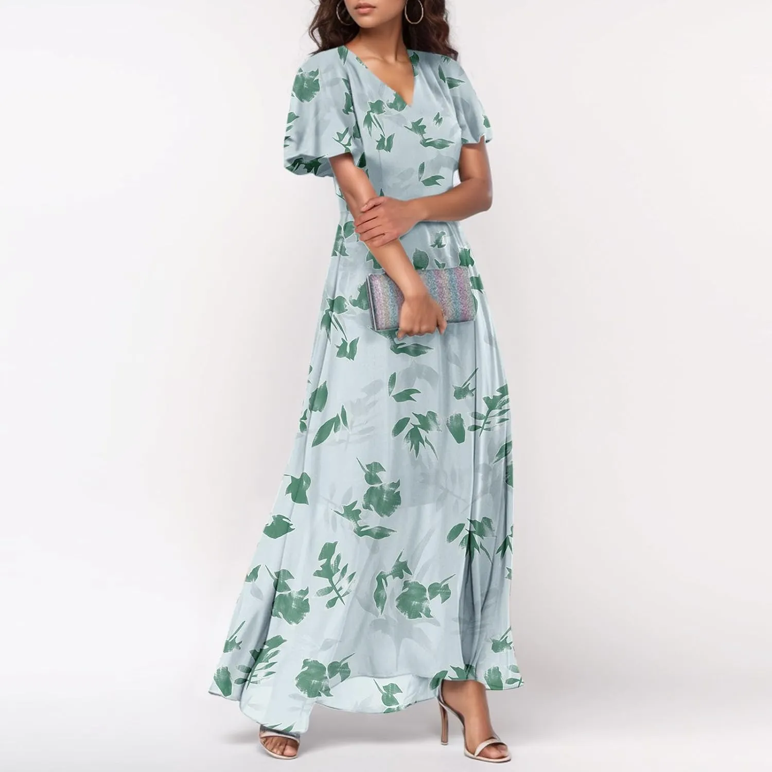 Women's Floral Print Chiffon Dress - Blue, Size S, Midi Length, Spring/Summer