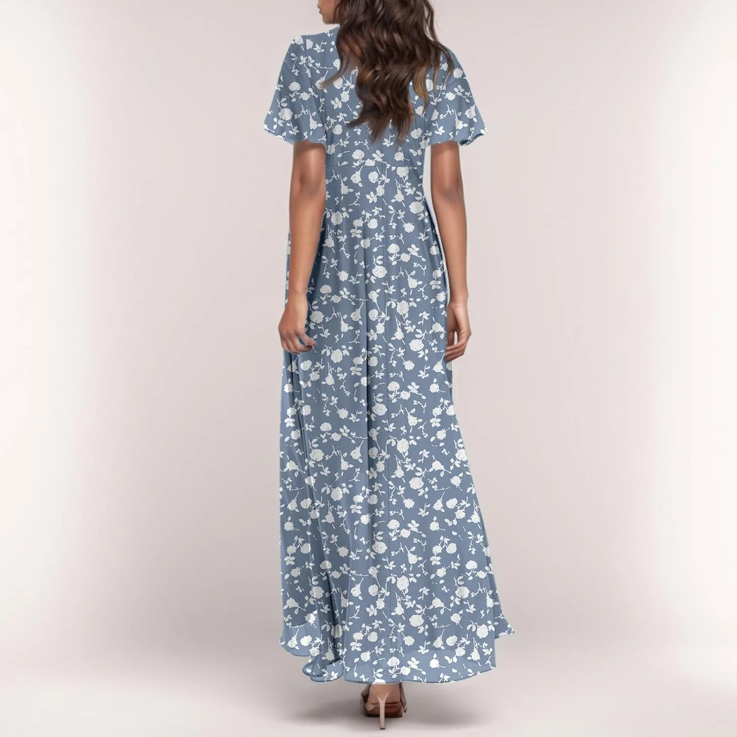 Women's Floral Print Chiffon Dress - Blue, Size S, Midi Length, Spring/Summer