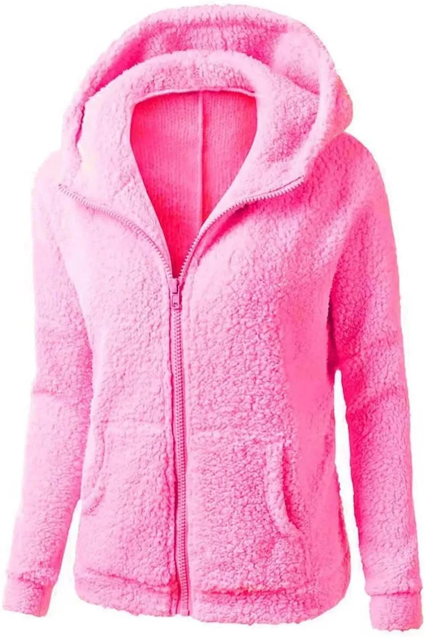 Womens Fluffy Hoodies Sherpa Lightweight Fleece Lined Fall Winter Coats Fuzzy Comfy Warm Plus Size Zip Up Jackets