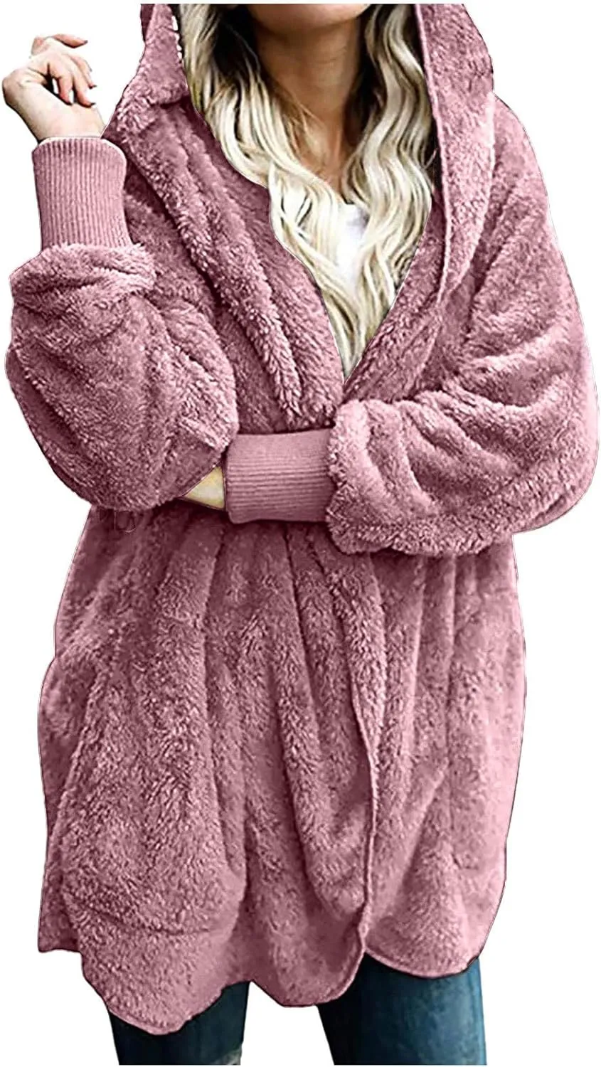 Womens Fuzzy Fleece Cardigan Coat Casual Oversized Open Front Sherpa Hooded Jackets Warm Winter Fluffy Outerwear