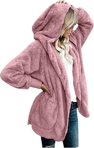 Womens Fuzzy Fleece Cardigan Coat Casual Oversized Open Front Sherpa Hooded Jackets Warm Winter Fluffy Outerwear