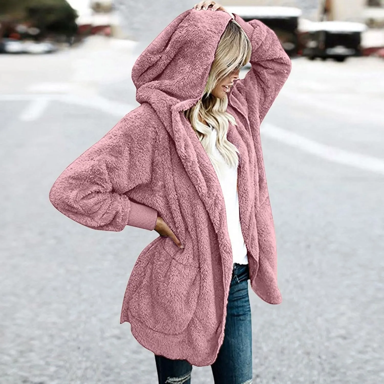 Womens Fuzzy Fleece Cardigan Coat Casual Oversized Open Front Sherpa Hooded Jackets Warm Winter Fluffy Outerwear