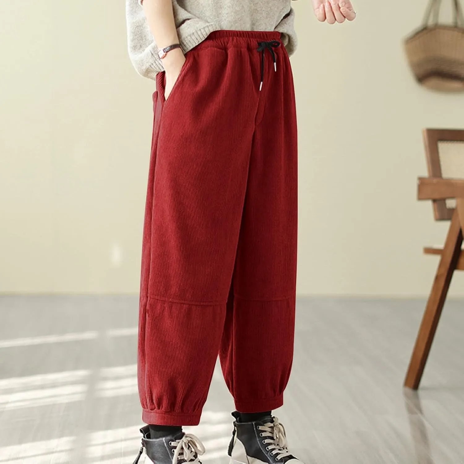 Women's Harem Pants Casual Loose Fit Drawstring Elastic Waist Pants Vintage Solid Tapered Trousers with Pockets