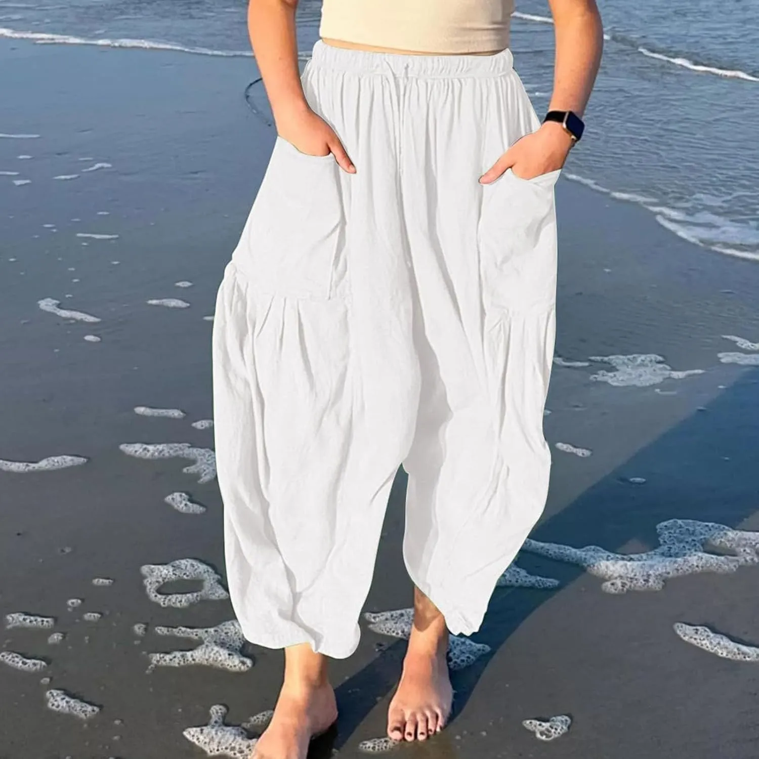 Womens Harem Pants with Pockets for Women, Lightweight Summer Palazzo Pants