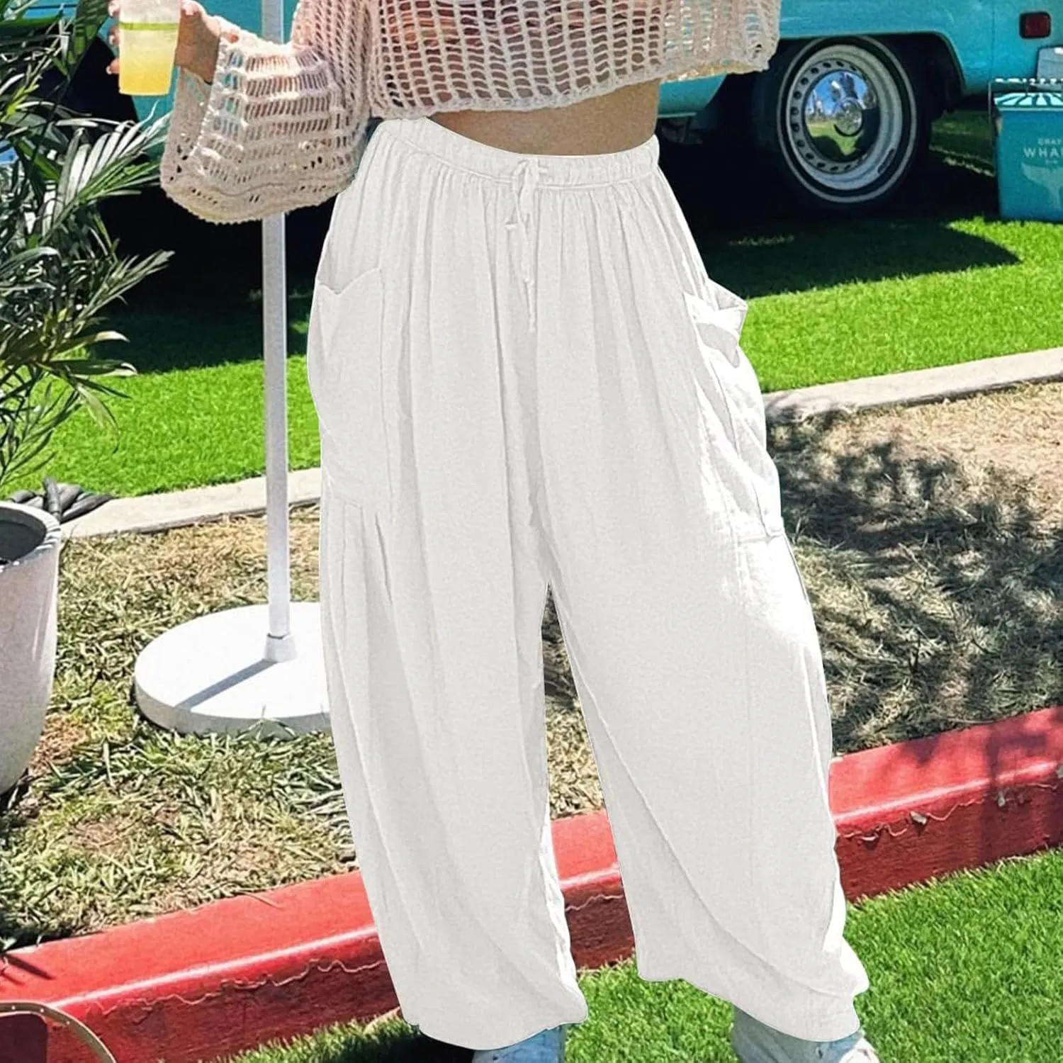 Womens Harem Pants with Pockets for Women, Lightweight Summer Palazzo Pants