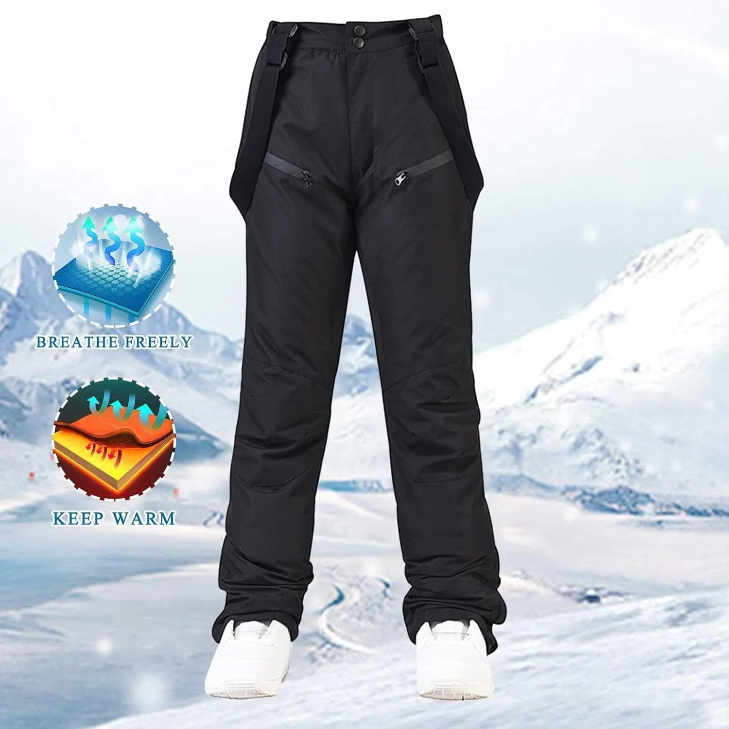 Women's Insulated Snow Pants Winter Solid Warm Ski Pant Outdoor Waterproof Snowboard Bibs with Detachable Suspender