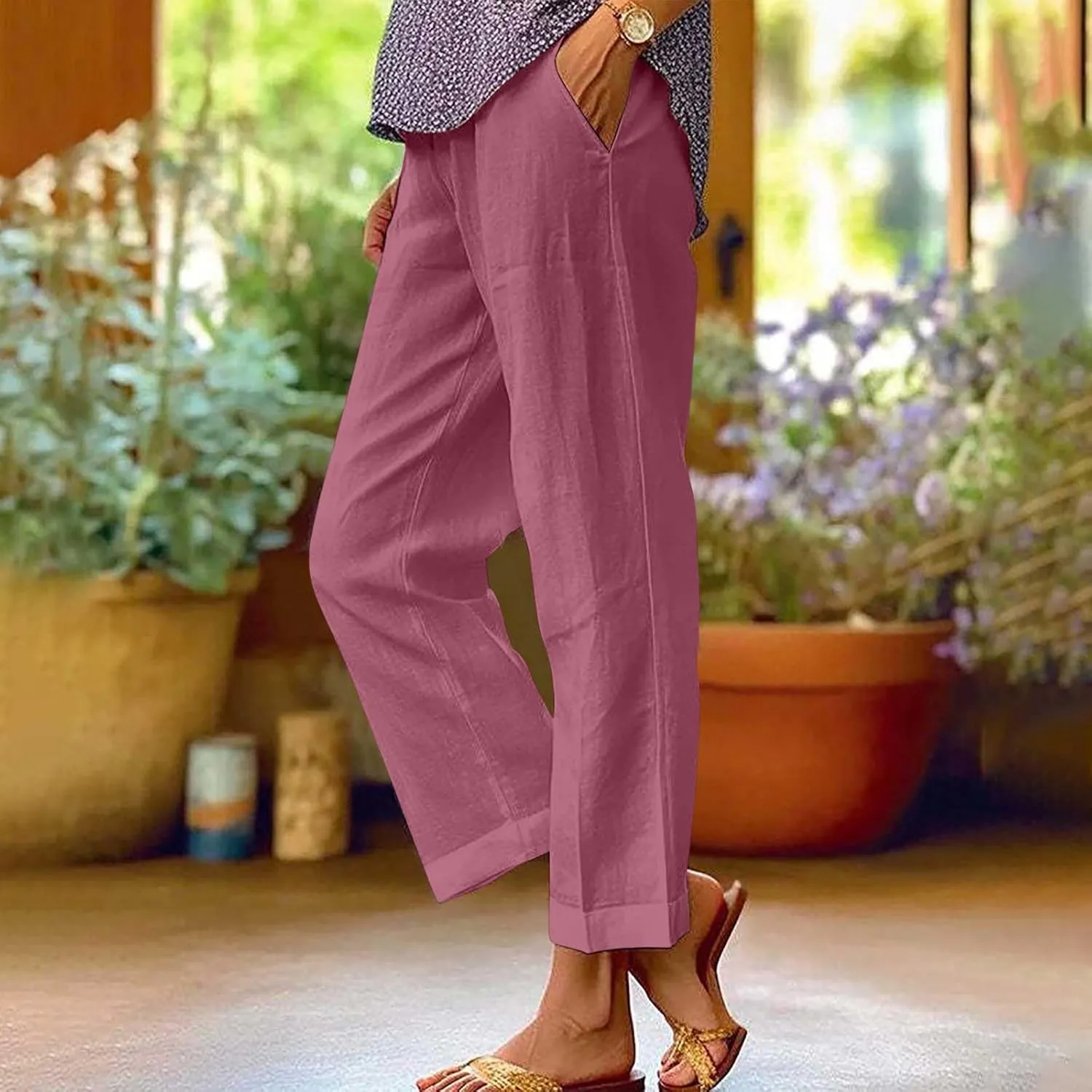 Women's Lightweight Summer Linen Pants Solid Elastic Waist Cotton Straight Pants Casual Lounge Beach Trousers
