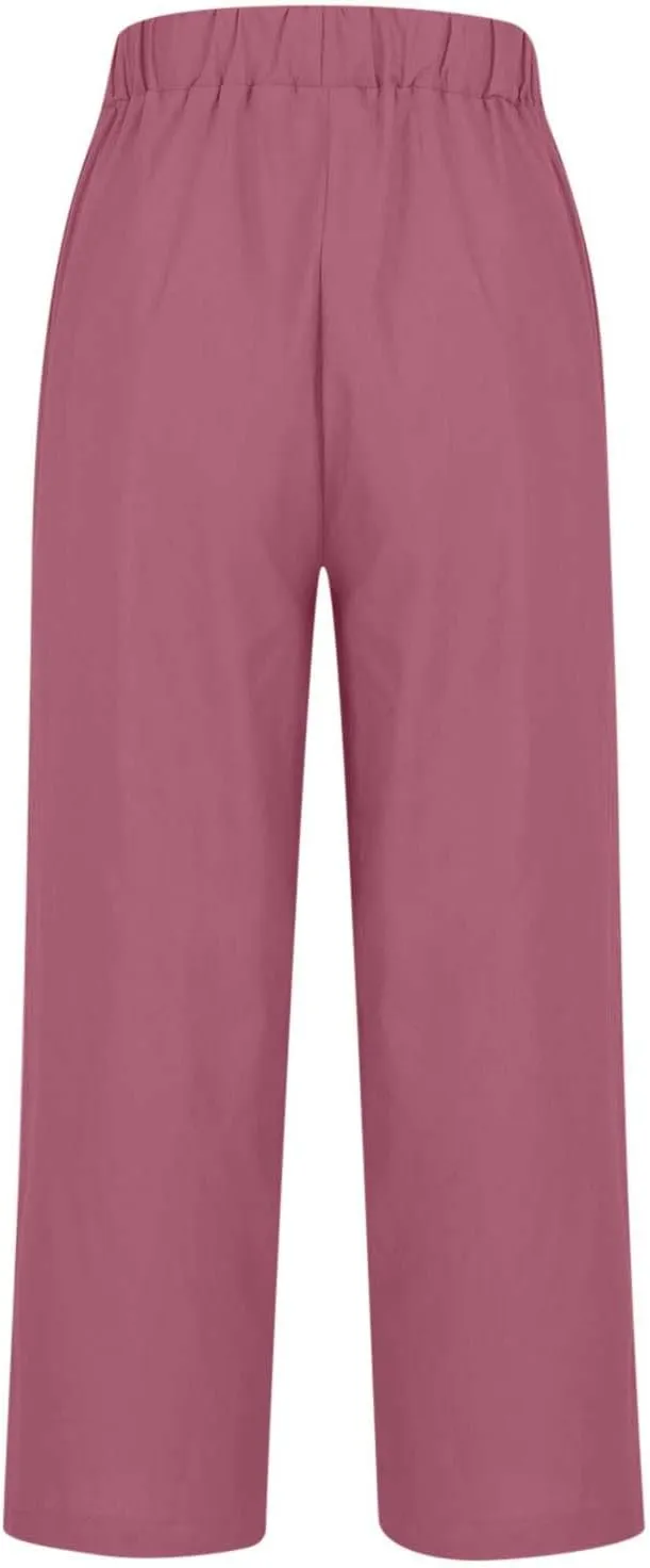Women's Lightweight Summer Linen Pants Solid Elastic Waist Cotton Straight Pants Casual Lounge Beach Trousers