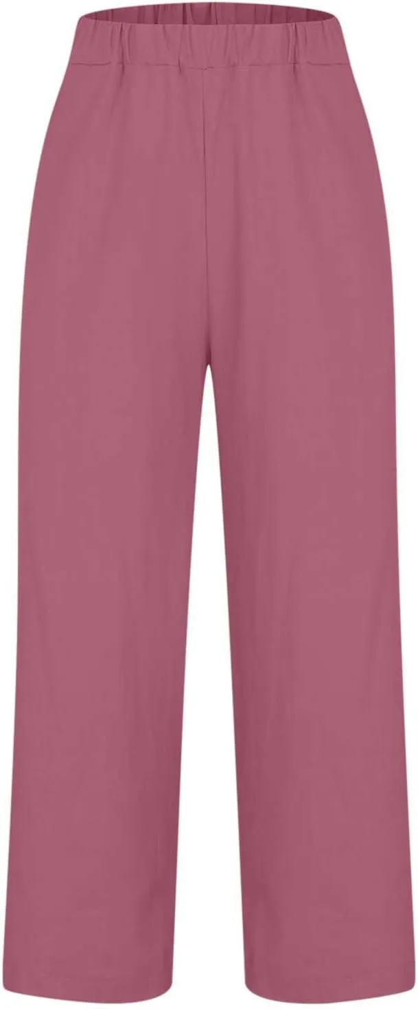 Women's Lightweight Summer Linen Pants Solid Elastic Waist Cotton Straight Pants Casual Lounge Beach Trousers