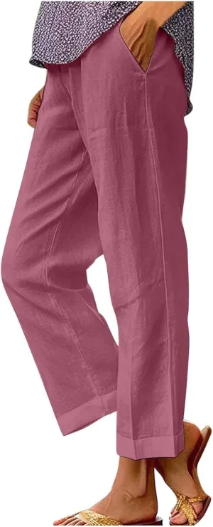 Women's Lightweight Summer Linen Pants Solid Elastic Waist Cotton Straight Pants Casual Lounge Beach Trousers