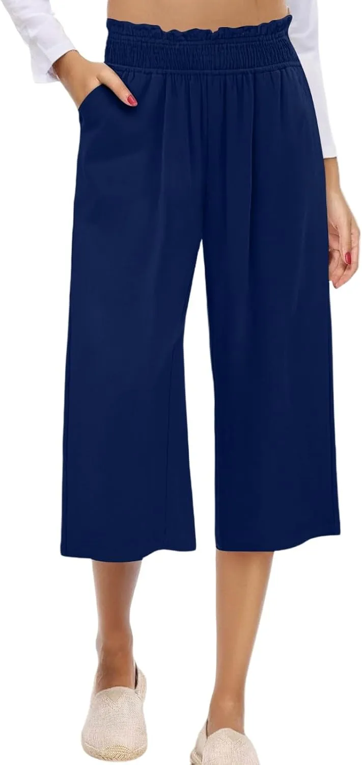 Womens Linen Capri Pants Smocked Elastic Waisted Cropped Palazzo Trousers Casual Flowy Summer Beach Pants with Pockets
